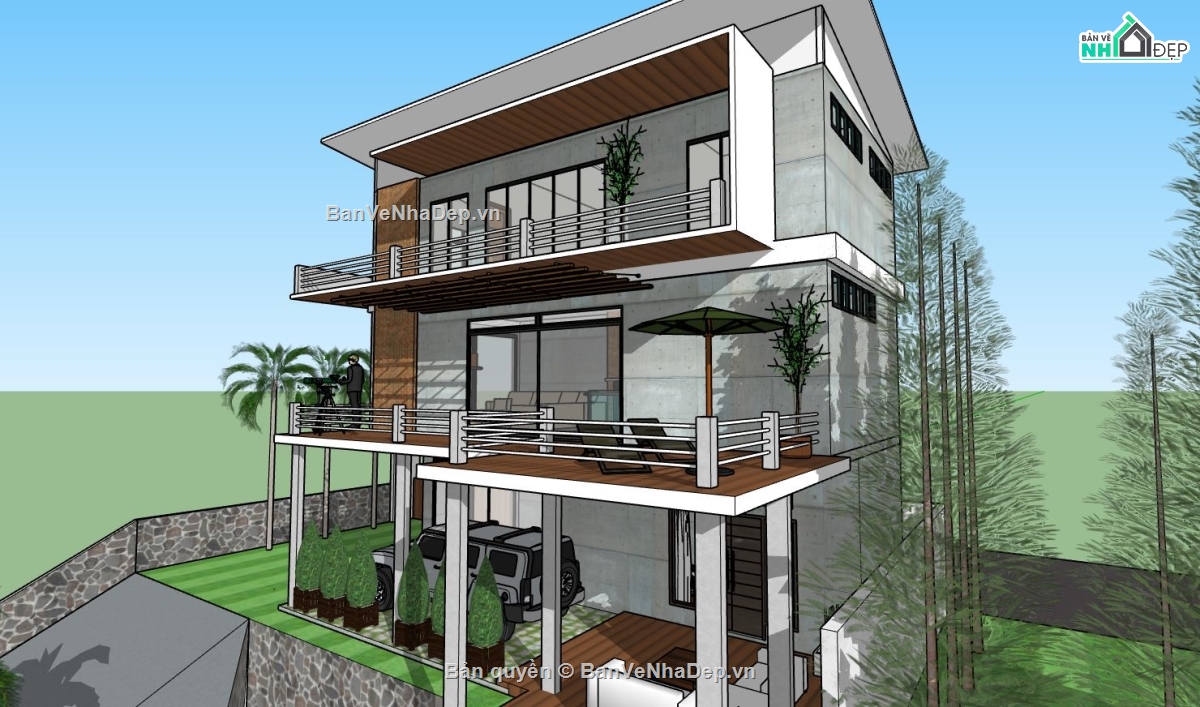 biệt thự 3 tầng,biệt thự  su,sketchup biệt thự