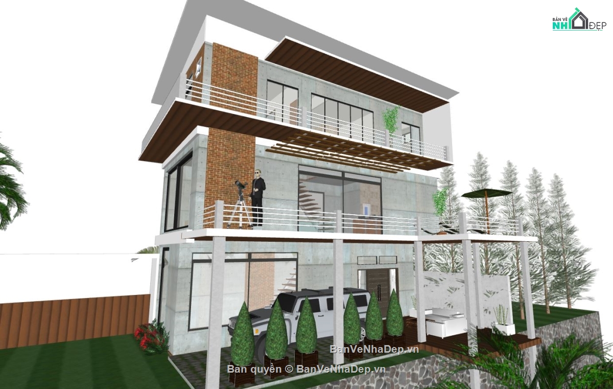 biệt thự 3 tầng,biệt thự  su,sketchup biệt thự