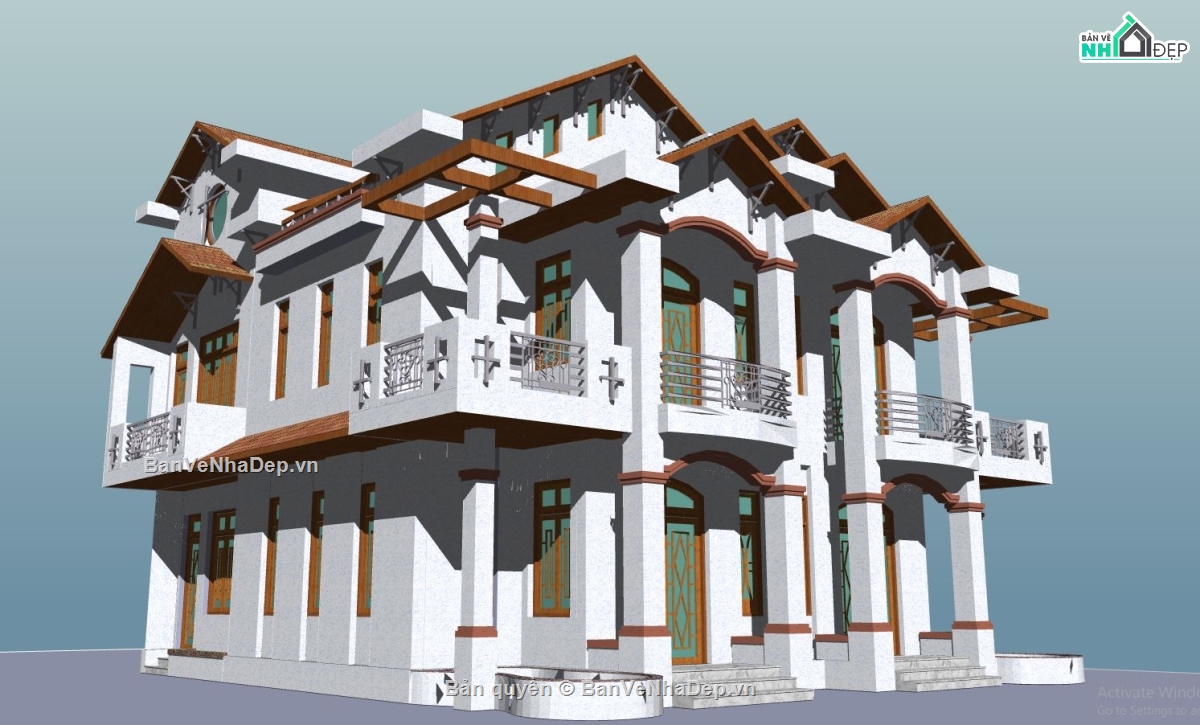 Model biệt thự 2 tầng,mẫu biệt thự sketchup,biệt thự song lập,phối cảnh biệt thự 2 tầng