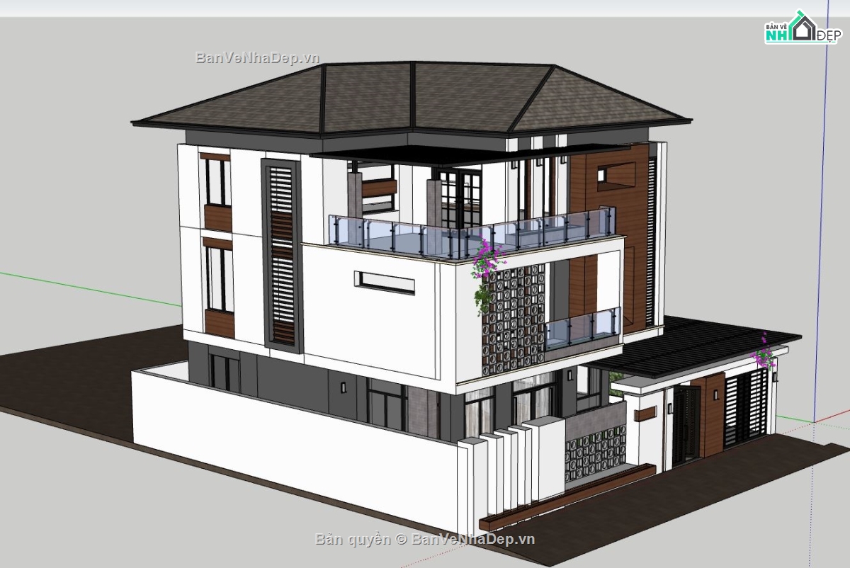 biệt thự 3 tầng,phối cảnh biệt thự 3 tầng,model sketchup biệt thự 3 tầng