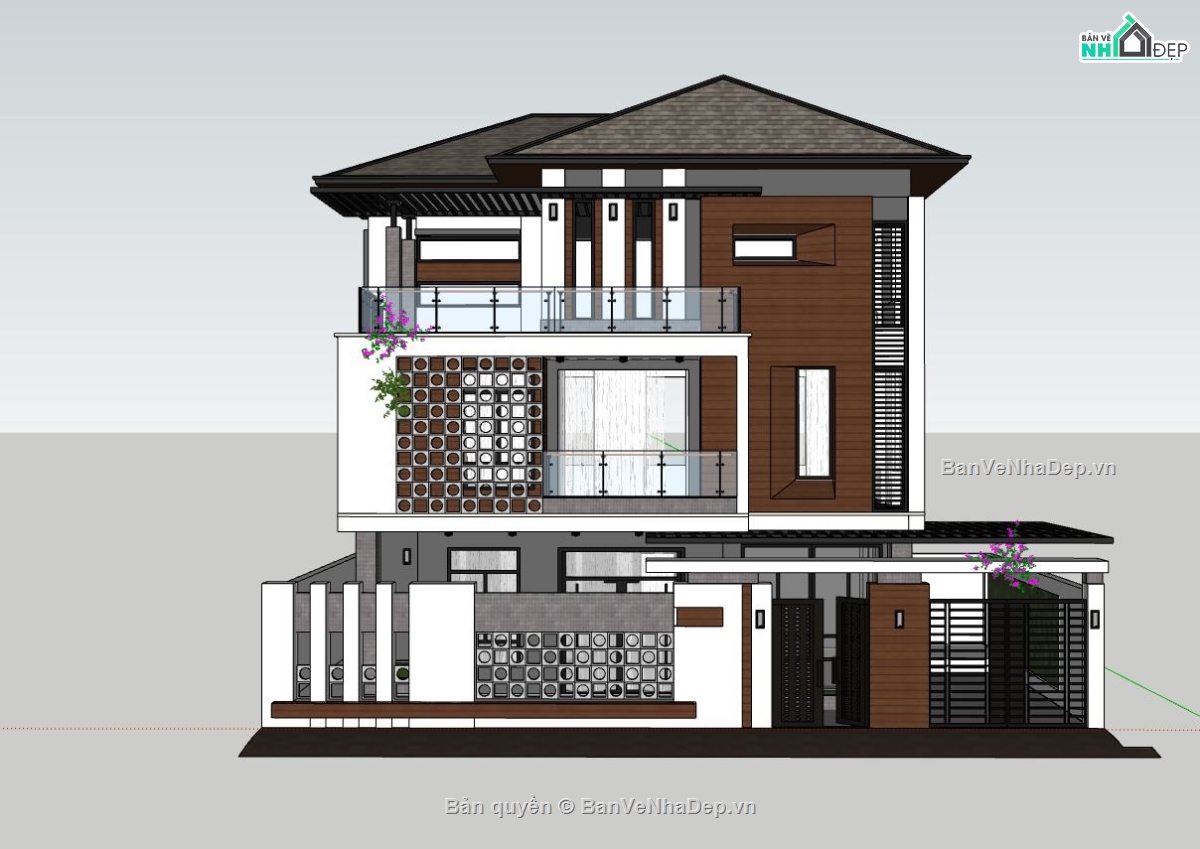 biệt thự 3 tầng,phối cảnh biệt thự 3 tầng,model sketchup biệt thự 3 tầng