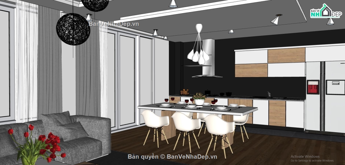 nội thất phòng bếp su,sketchup nội thất phòng ăn,model su phòng bếp,phòng bếp hiện đại