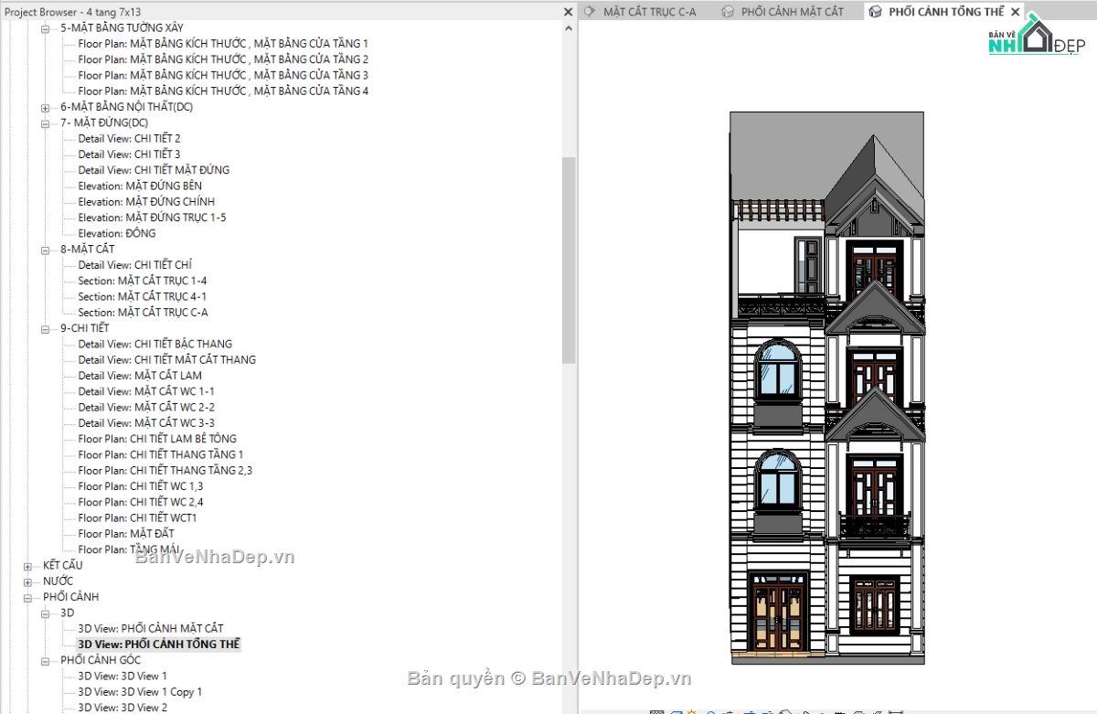 revit nhà phố 4 tầng,Bản vẽ nhà phố 4 tầng,kiến trúc nhà phố 4 tầng,bản vẽ revit nhà phố 4 tầng