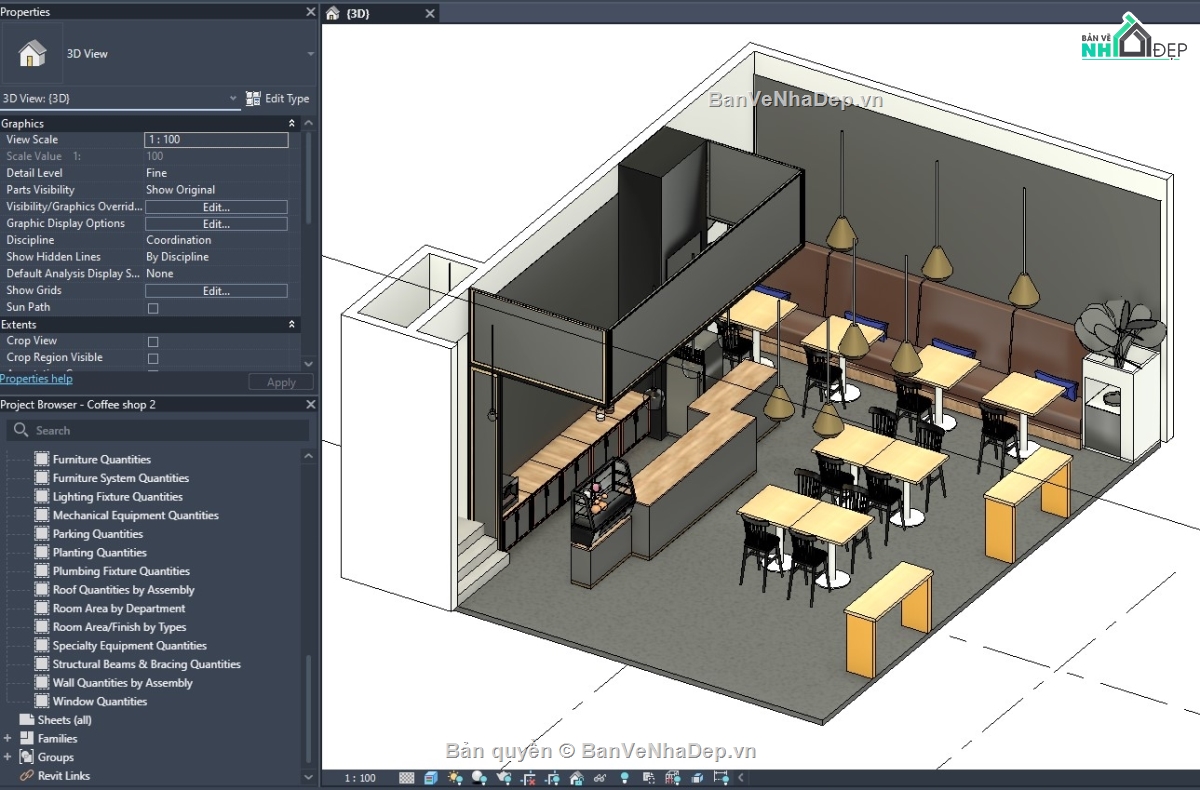 nội thất quán cà phê,revit quán cà phê,file revit quán cà phê,revit nội thất quán cafe