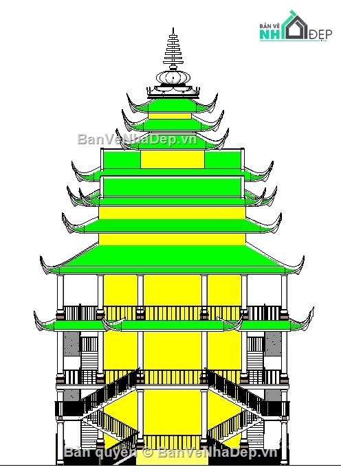 revit chùa 3 tầng,revit thiết kế chùa,kiến trúc đình chùa,revit chùa