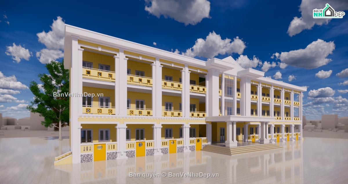 Model revit trường học đẹp nhất 2020 3 tầng 12.3x46.2m