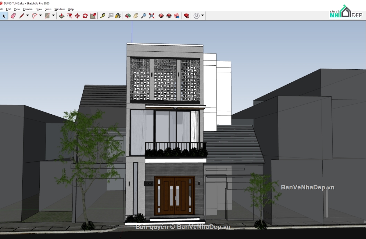 model sketchup nhà phố,su nhà phố 3 tầng,File SU 2019 nhà 3 tầng,Sketchup nhà phố 3 tầng,nhà 3 tầng hiện đại,su nhà phố