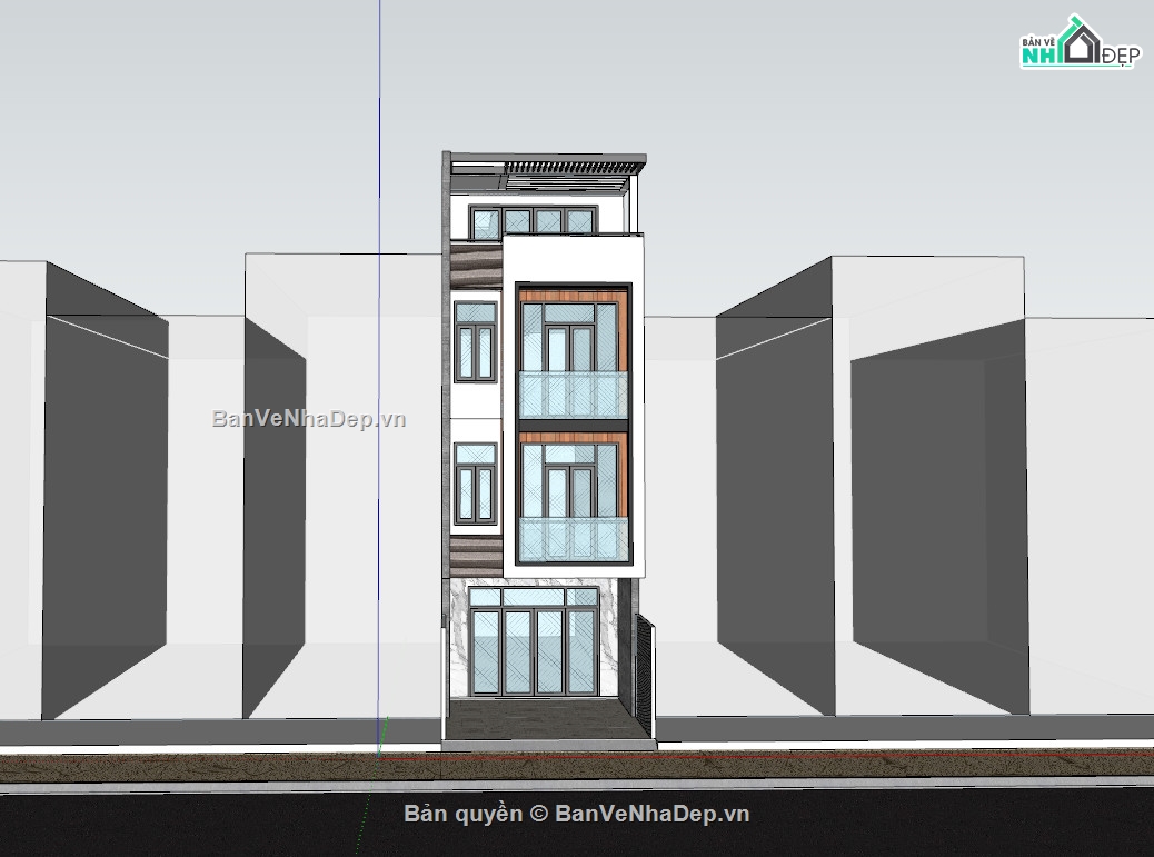 Sketchup nhà phố,nhà phố 4 tầng,nhà phố 4 tầng 5x20m