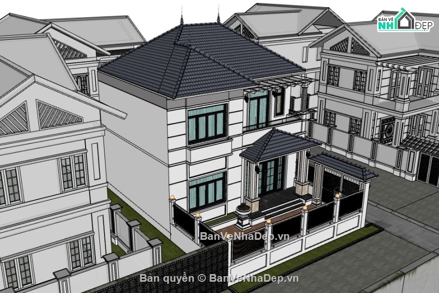 biệt thự 2 tầng,biệt thự sketchup,sketchup biệt thự,biệt thự mái nhật