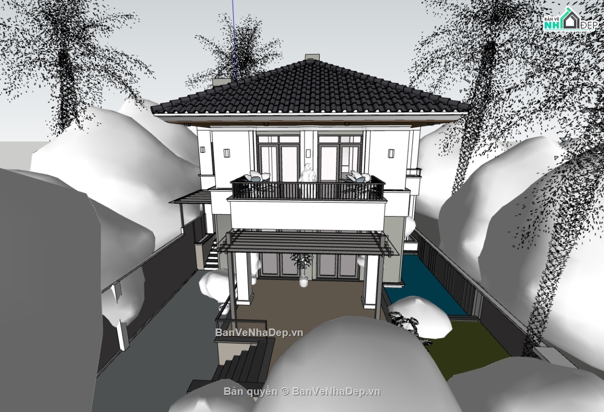 biệt thự 2 tầng,su biệt thự,sketchup biệt thự
