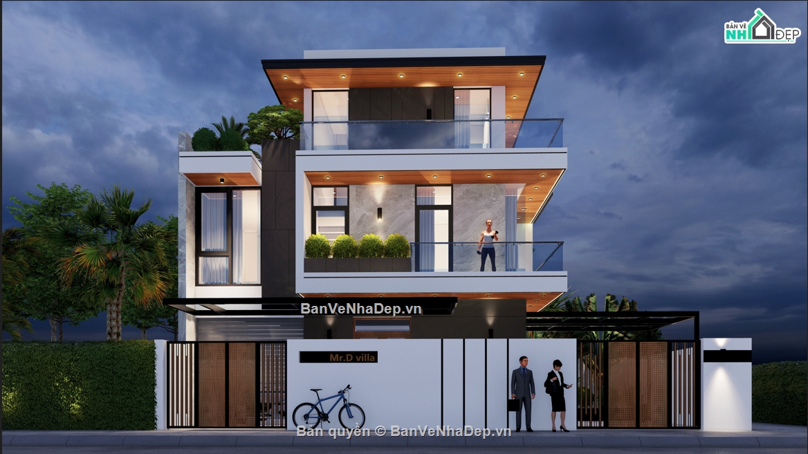 Bản vẽ nhà phố 3 tầng,Model sketchup nhà 3 tầng,nhà 3 tầng hiện đại 9x9.8m,nhà 3 tầng sketchup