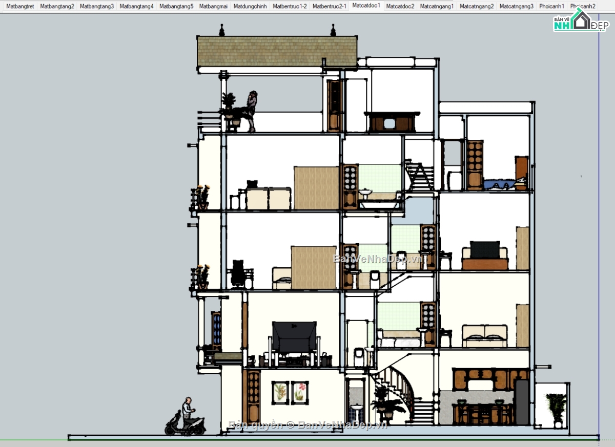 nhà 5 tầng,su nhà 5 tầng,sketchup nhà lệch tầng