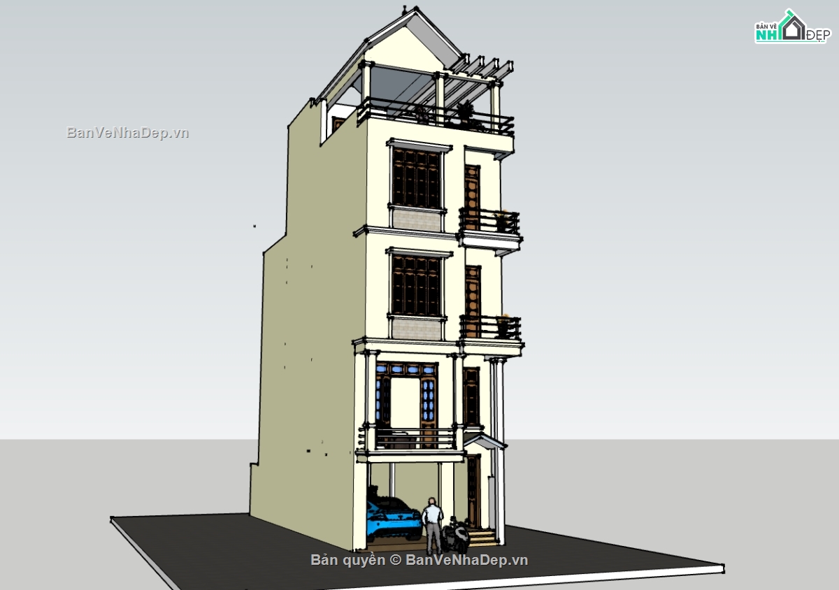 nhà 5 tầng,su nhà 5 tầng,sketchup nhà lệch tầng