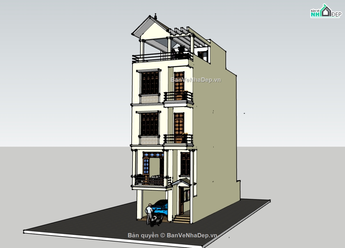 nhà 5 tầng,su nhà 5 tầng,sketchup nhà lệch tầng