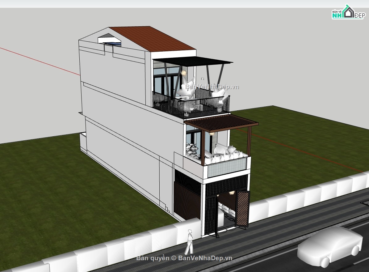 nhà phố 3 tầng,su nhà phố,sketchup nhà phố