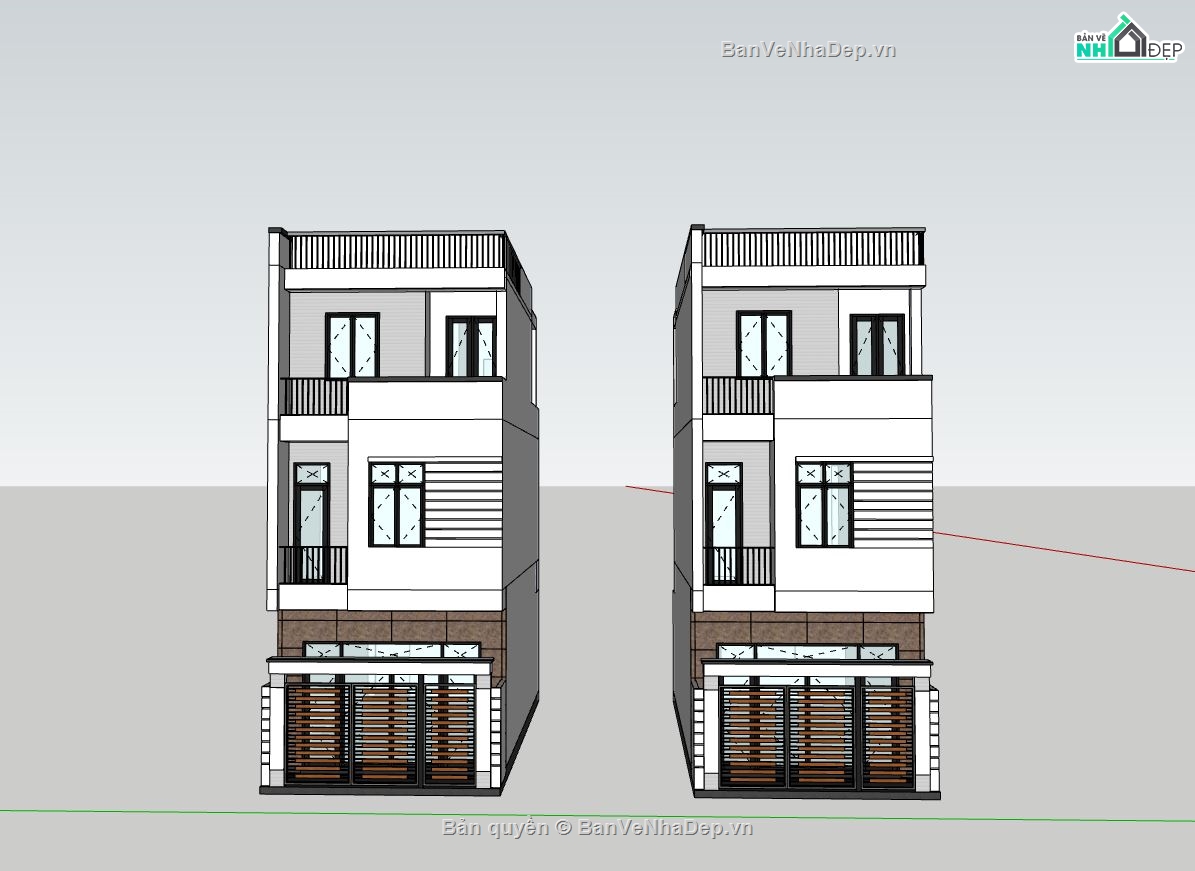 nhà phố 3 tầng,nhà lô phố 3 tầng,nhà phố 3 tầng sketchup,phối cảnh nhà lô phố,model su nhà phố 3 tầng