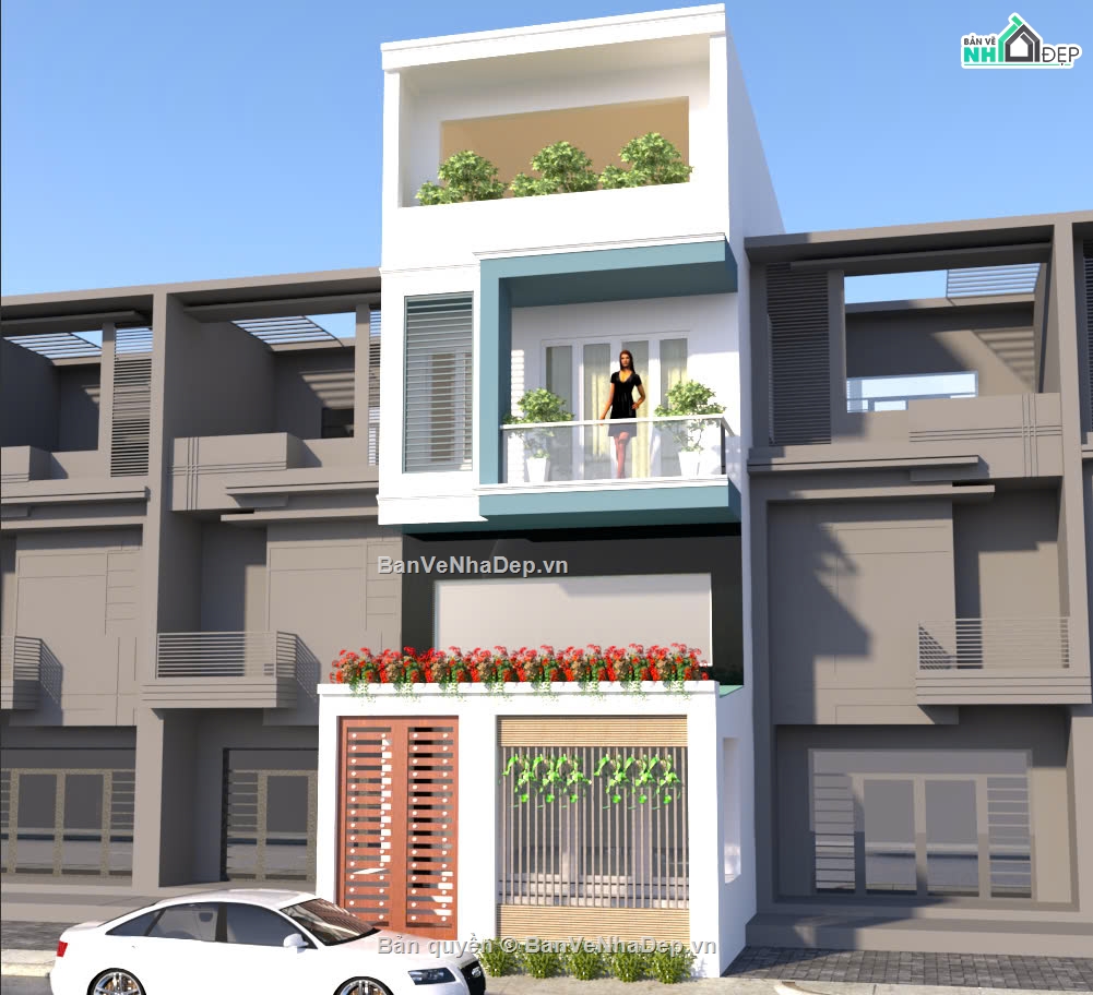 File sketchup nhà phố 3 tầng có gác lửng,Model sketchup nhà phố 3 tầng,Phối cảnh nhà phố 3 tầng