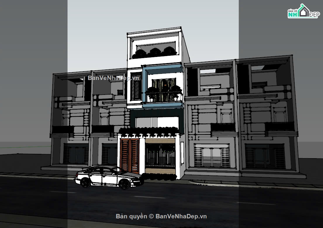 File sketchup nhà phố 3 tầng có gác lửng,Model sketchup nhà phố 3 tầng,Phối cảnh nhà phố 3 tầng