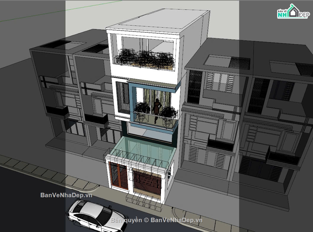 File sketchup nhà phố 3 tầng có gác lửng,Model sketchup nhà phố 3 tầng,Phối cảnh nhà phố 3 tầng