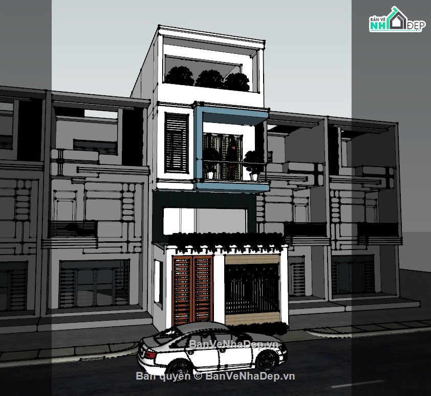 File sketchup nhà phố 3 tầng có gác lửng,Model sketchup nhà phố 3 tầng,Phối cảnh nhà phố 3 tầng