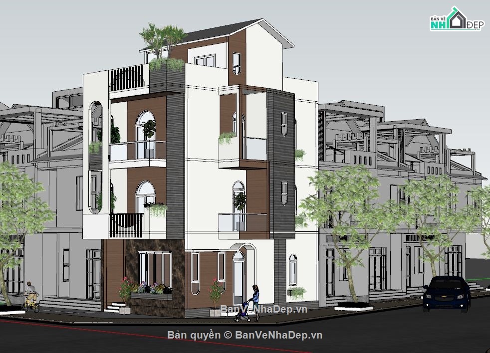 mẫu nhà phố 2 mặt tiền,sketchup nhà phố 4 tầng,kiến trúc nhà phố đẹp,file su nhà phố 4 tầng