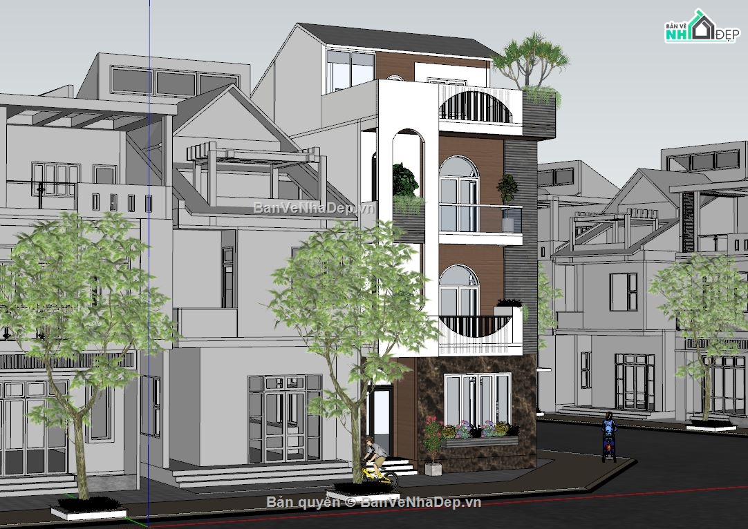 mẫu nhà phố 2 mặt tiền,sketchup nhà phố 4 tầng,kiến trúc nhà phố đẹp,file su nhà phố 4 tầng