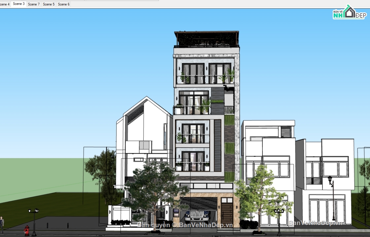 model Nhà lô phố 5 tầng,su nhà phố  5 tầng,sketchup nhà phố,model sketchup nhà phố 5 tầng