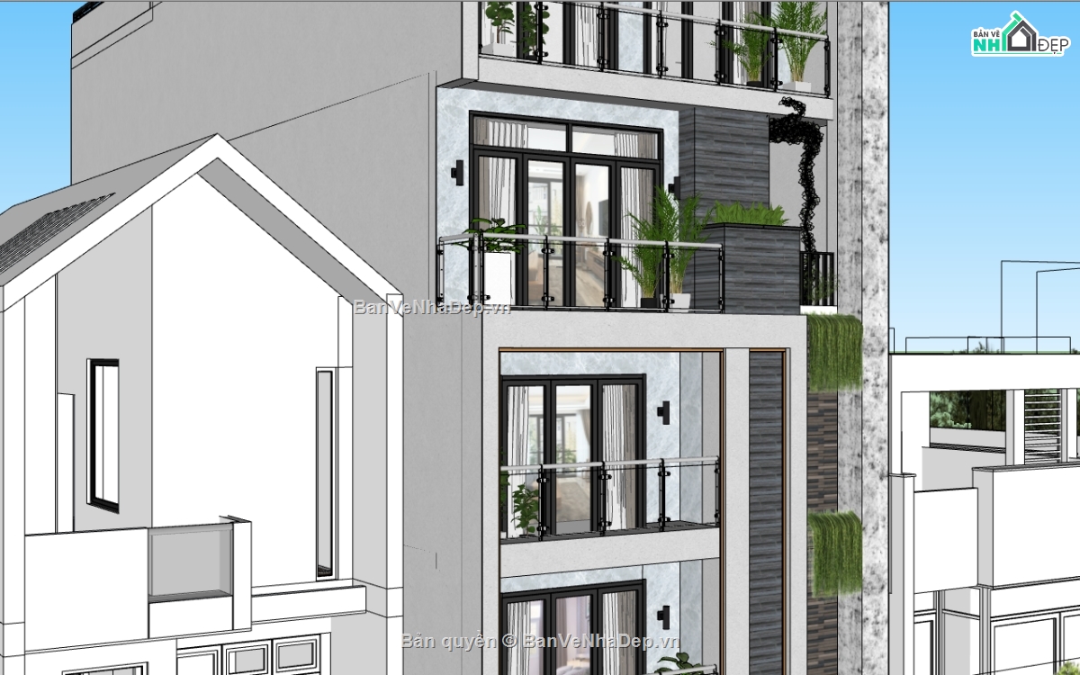 model Nhà lô phố 5 tầng,su nhà phố  5 tầng,sketchup nhà phố,model sketchup nhà phố 5 tầng