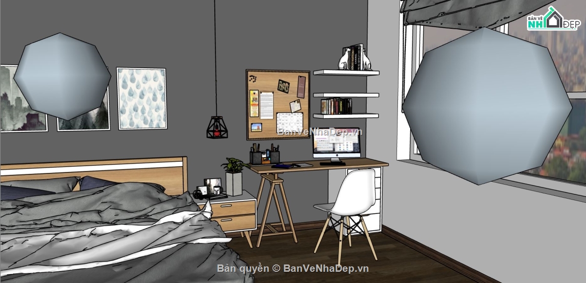 sketchup nội thất phòng ngủ,mẫu phòng ngủ,phòng ngủ sketchup,model phòng ngủ hiện đại