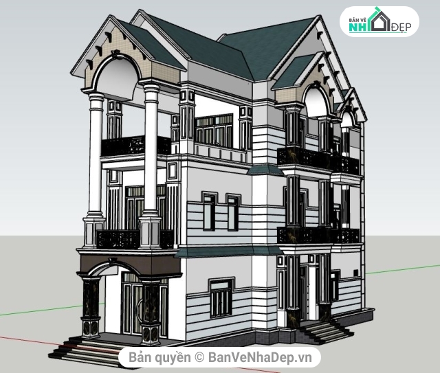 Sketchup 3 tầng,File su biệt thự 3 tầng,Biệt thự 3 tầng Su,thiết kế biệt thự 3 tầng,biệt thự 3 tầng,phối cảnh biệt thự 3 tầng