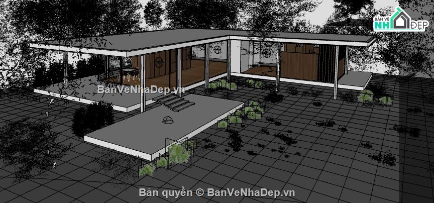 nhà chữ L file Su,sketchup nhà nghỉ dưỡng,nhà nghỉ file sketchup,nhà nghỉ dưỡng cho khách du lịch