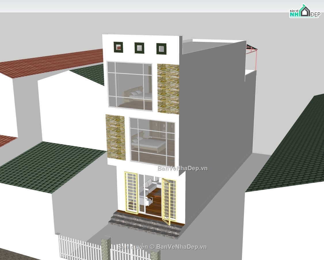 nhà phố 3 tầng,su nhà phố,sketchup nhà phố