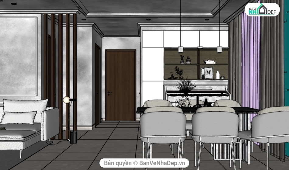 phòng khách bếp,file sketchup phòng khách,Model sketchup phòng khách,phòng bếp,su phòng khách bếp,nội thất phòng khách bếp