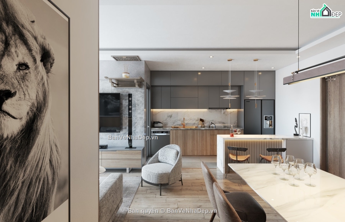 file su khách bếp,sketchup nội thất khách bếp,File sketchup phòng khách,File sketchup Nhà bếp,Sketchup + Vray nội thất,phòng khách sketchup