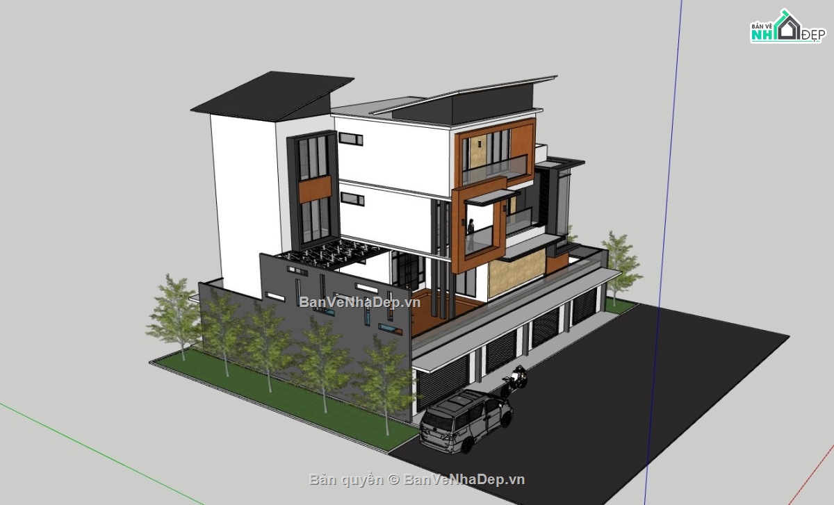 biệt thự 3 tầng,sketchup biệt thự,phối cảnh biệt thự,bản vẽ biệt thự