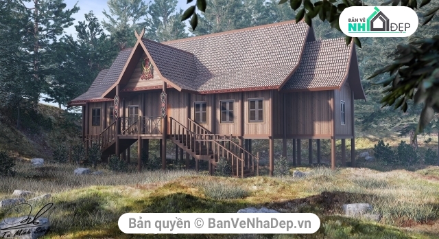 Model SU + Enscape dựng thiết kế nhà sàn gỗ cấp 4 mái thái đẹp