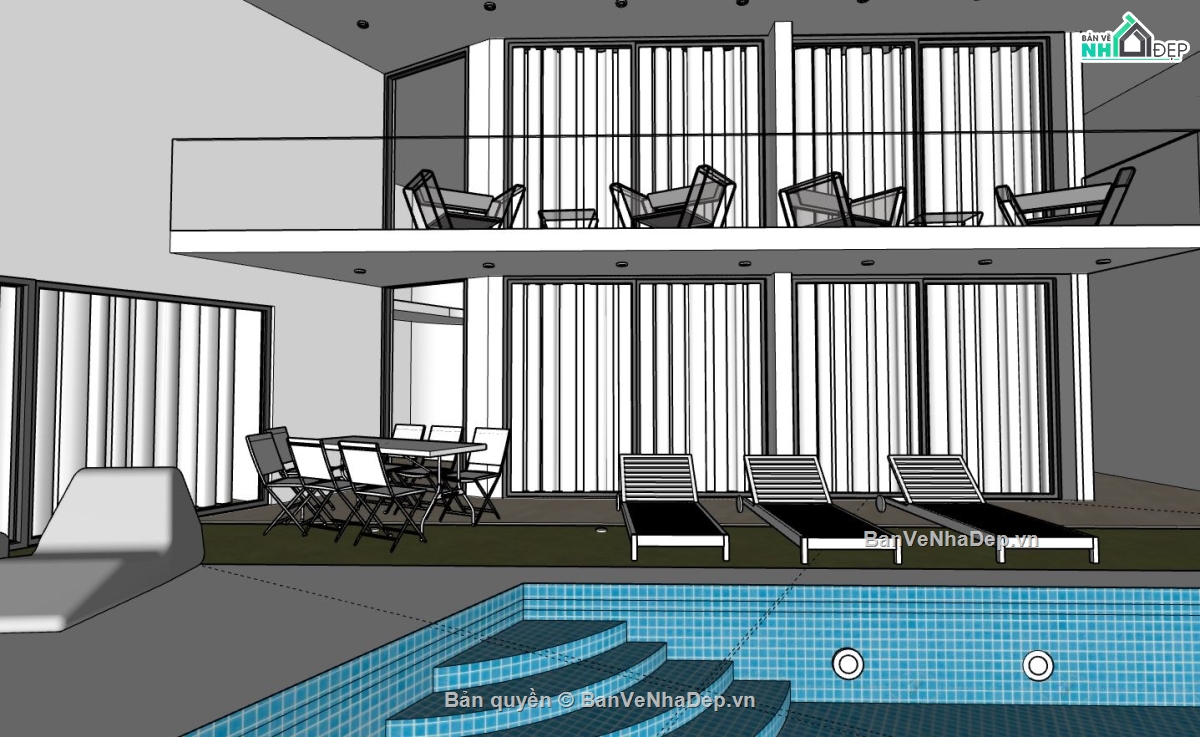 thiết kế bể bơi,phối cảnh bể bơi sketchup,model sketchup bể bơi