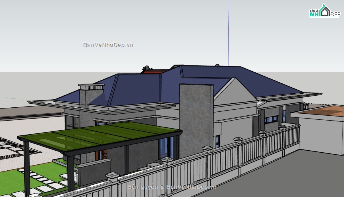 sketchup biệt thự,biệt thự 1 tầng,phối cảnh biệt thự,sketchup biệt thự 1 tầng