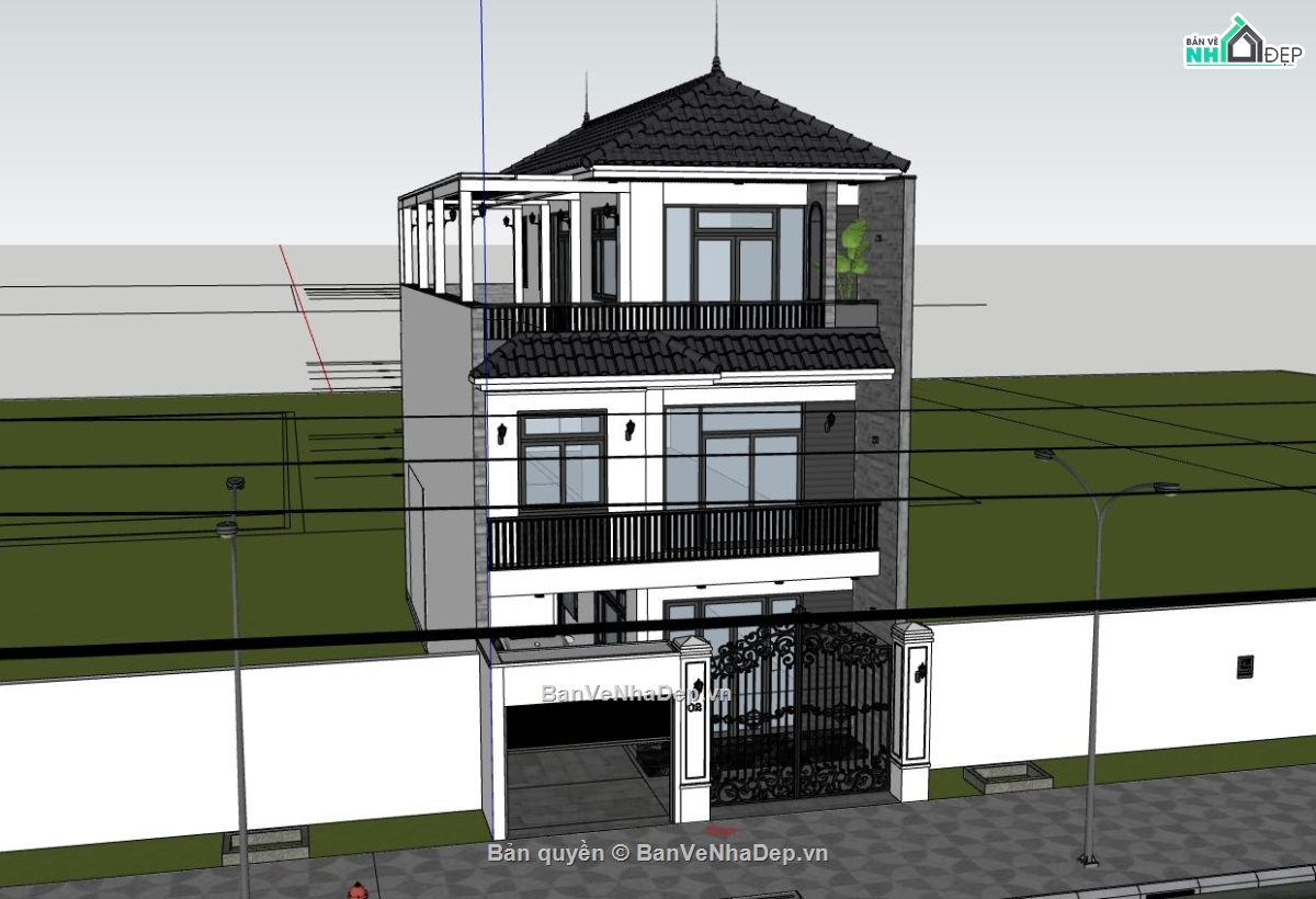 biệt thự 3 tầng,file sketchup biệt thự 3 tầng,phối cảnh biệt thự,biệt thự hiện đại