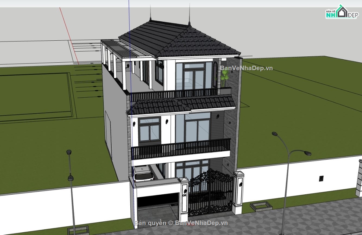 biệt thự 3 tầng,file sketchup biệt thự 3 tầng,phối cảnh biệt thự,biệt thự hiện đại