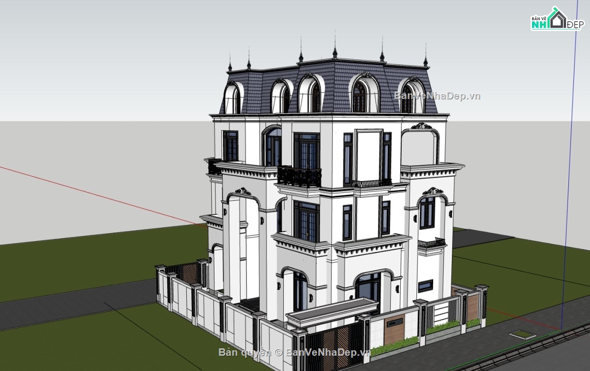 biệt thự 3 tầng,phối cảnh biệt thự,biệt thự hiện đại,sketchup biệt thự