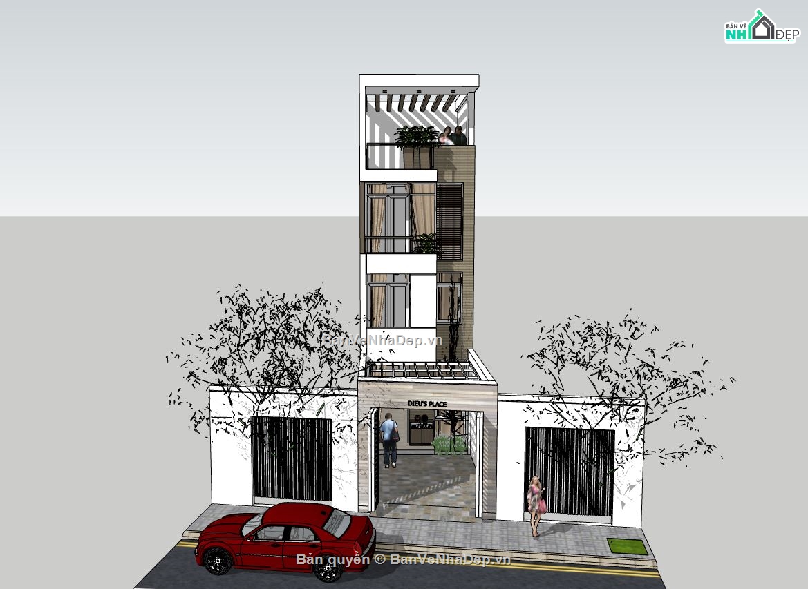 nhà phố 3 tầng,nhà phố 3 tầng 1 tum,sketchup nhà phố 3 tầng 1 tum