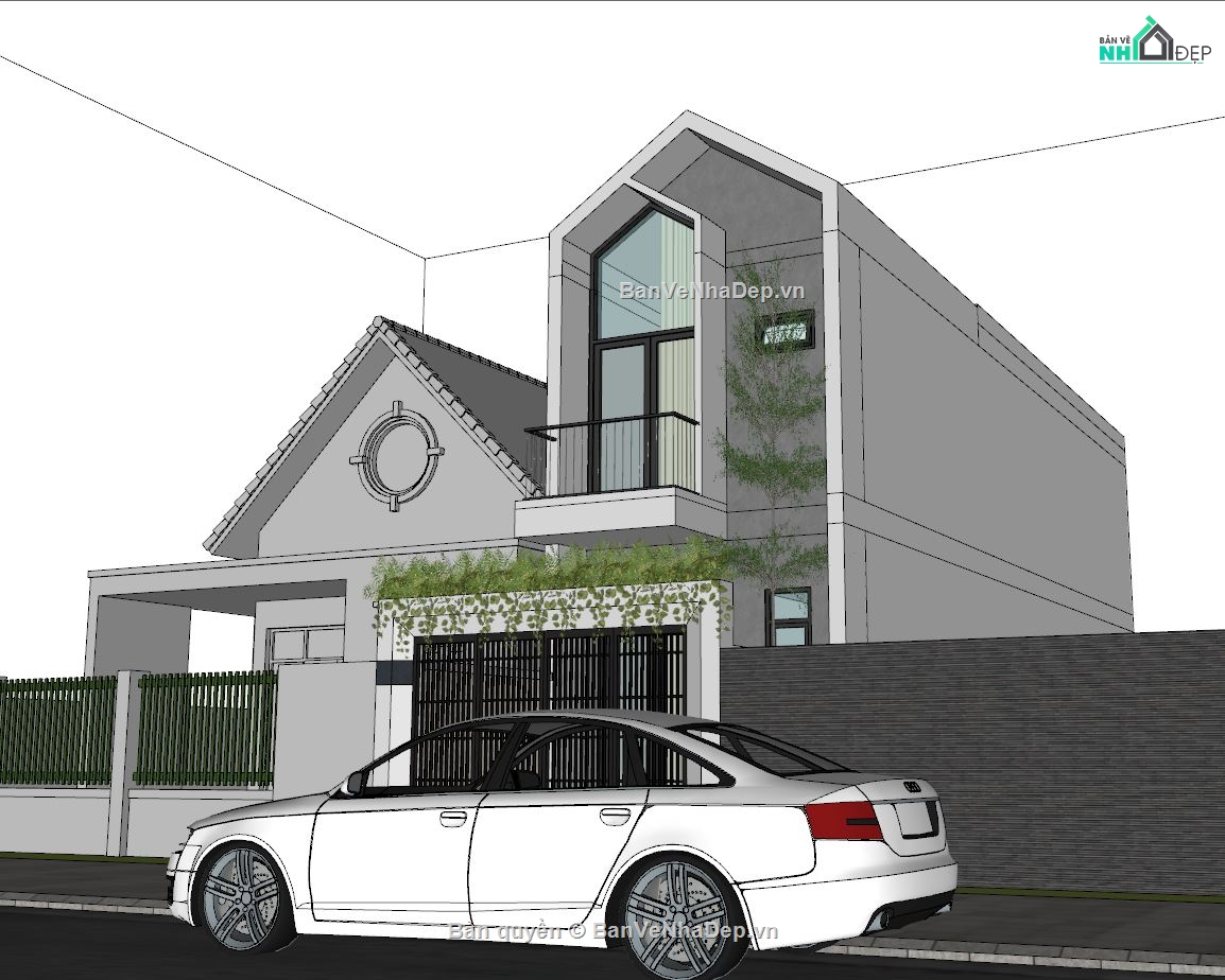 Sketchup,Nhà 2 tầng,Nhà phố 2 tầng,Nhà phố 4x16m,ngoại thất