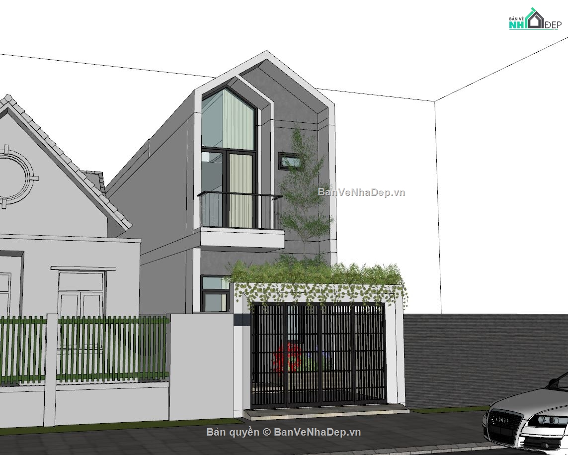 Sketchup,Nhà 2 tầng,Nhà phố 2 tầng,Nhà phố 4x16m,ngoại thất