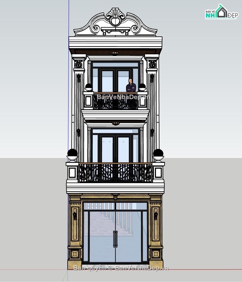 nhà phố 3 tầng,bản vẽ nhà phố tân cổ điển,model sketchup nhà phố,file su nhà phố 3 tầng