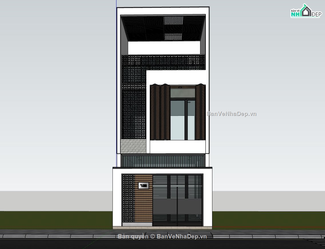 Sketchup nhà phố 3 tầng,nhà phố 5x15.4m,thiết kế nhà phố hiện đại