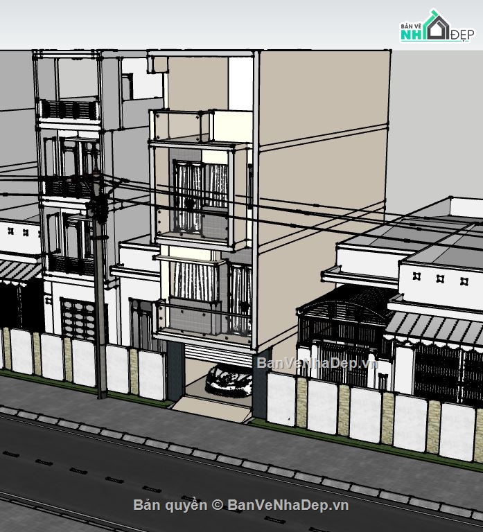 file su nhà phố 4 tầng,phối cảnh nhà phố 4 tầng,thiết kế nhà phố hiện đại,file nhà phố sketchup