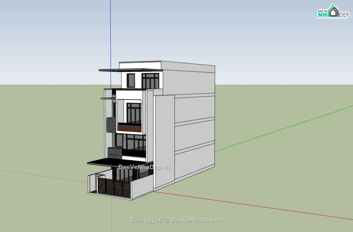 nhà phố 4 tầng,sketchup nhà phố 4 tầng,nhà phố hiện đại