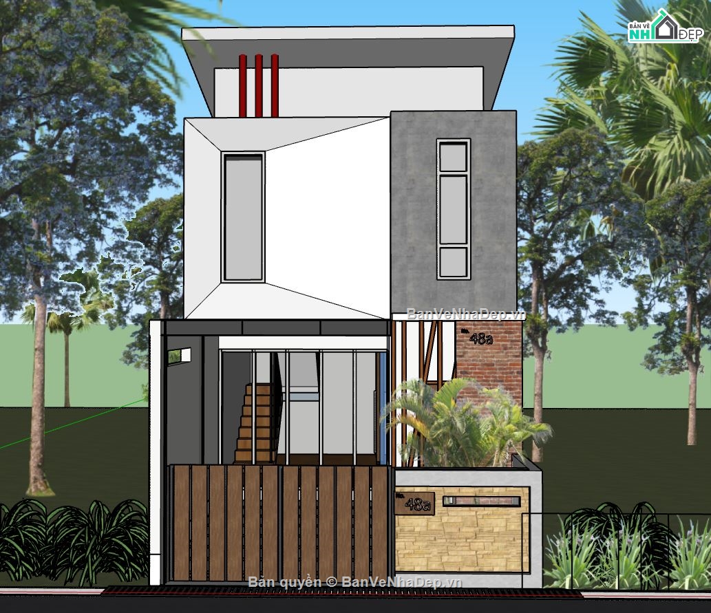 nhà phố sketchup,nhà phố 2 tầng,nhà phố 2 tầng hiện đại,mẫu nhà phố 2 tầng sketchup