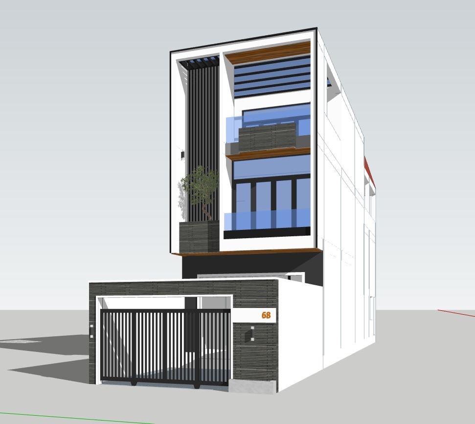 Sketchup nhà phố 3 tầng,nhà phố 5.4x19.4m,thiết kế nhà phố hiện đại